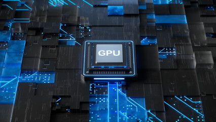 Stunning 3D rendering of a futuristic GPU chip on a glowing circuit board for tech advertisements and gaming hardware promotions
