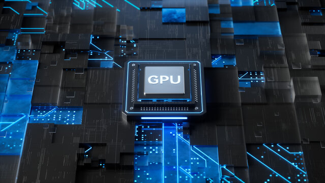 Stunning 3D rendering of a futuristic GPU chip on a glowing circuit board for tech advertisements and gaming hardware promotions