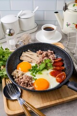 Skillet Egg,Pan Fried Egg with Toppings for morning breakfast ,thai called Khai Krata