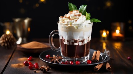 Cozy hot chocolate with whipped cream and festive decorations.