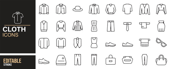 Icons representing different types of clothing, including formal, casual, and accessories, for e-commerce and fashion designs.