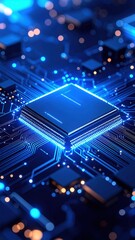 Glowing Blue Microchip Circuit Board Illuminated With Data Pathways Depicting Digital Technology