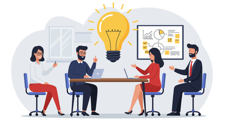 Four people in a meeting room with a lightbulb above them