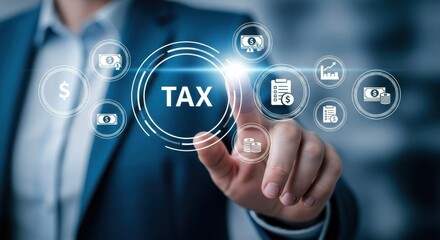 Fototapeta premium Businessman pressing tax button on virtual screen financial and business concept tax payment