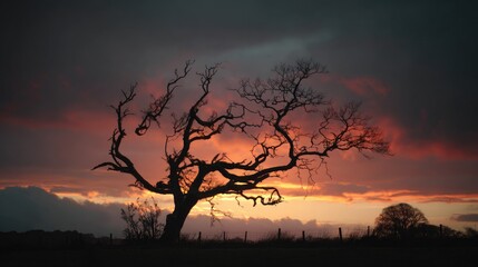Silhouette of gnarled tree at sunset