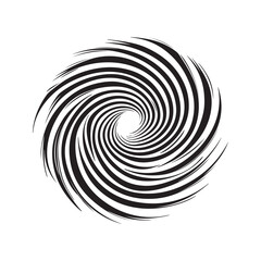 Abstract black swirl vortex, dynamic circular spiral shape with ink brush strokes, isolated graphic element.
