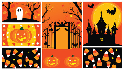 Halloween collage featuring a ghost, pumpkins, haunted house, gate, bats, trees, and candy corn theme