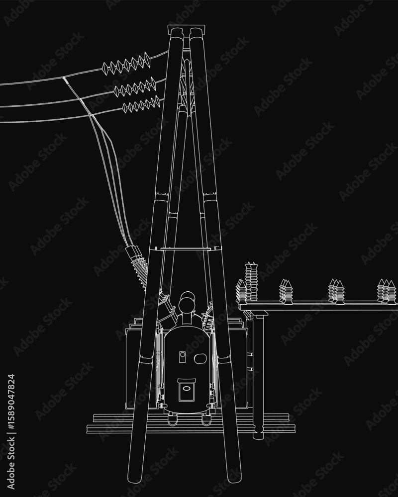 Poster a high voltage power line with a transformer and connected wires, drawn in black and white contour s