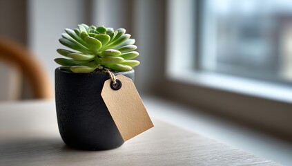 Potted succulent with blank tag by window in home office, adding greenery and decoration to workspace