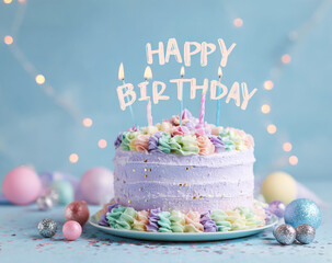 Celebratory birthday cake with pastel frosting and candles. Perfect for party invites, social media or web design.