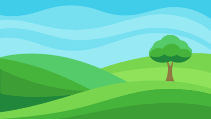 Fototapeta premium Lone Tree on Green Hills Landscape Vector