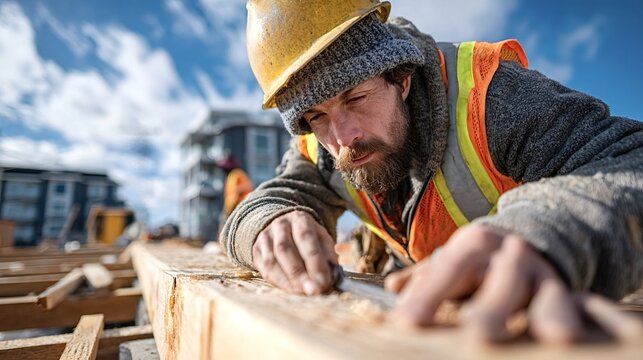 Focused construction worker wearing safety vest and hardhat meticulously marking a wooden plank with a pencil, during building construction on a sunny day