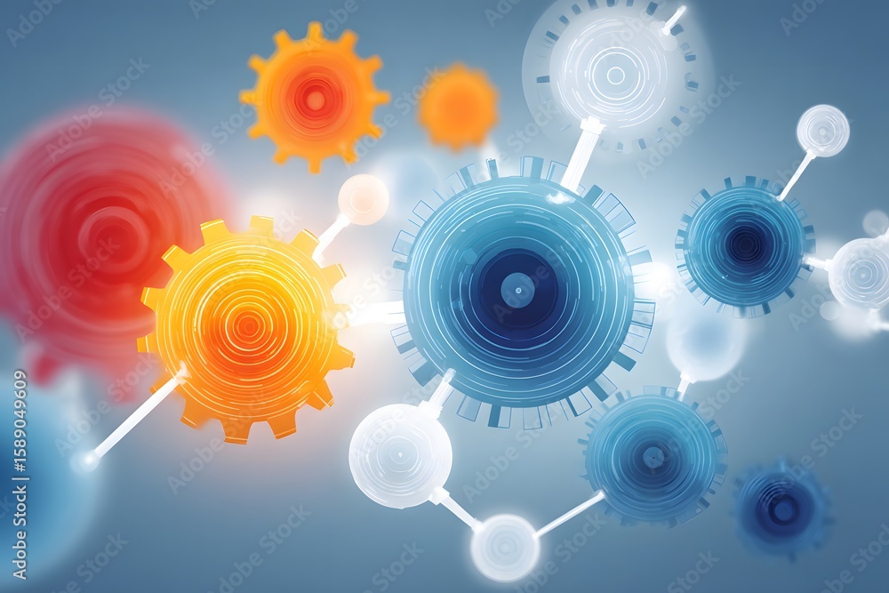Poster interconnected gears and spheres illustrating complex systems