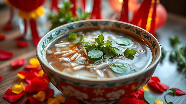 Vietnam National Day flag on silk cushion with bamboo leaves and lanterns