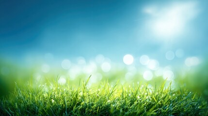 Obraz premium Wide shot of lush green grass beneath a cloudy sky with bright sunlight and bokeh effect.