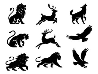 Collection of black animal silhouettes including lions deer eagles and a wolf howling all isolated on white background