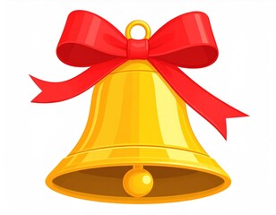 Golden Bell With Red Ribbon Isolated on White Background Celebrating the Holidays