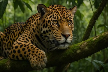 Obraz premium Jaguar in Rainforest Canopy, Intense Eyes Watching Prey Below