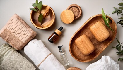 minimalist top down view of natural skincare product containers made of wood and glass surrounded by towels a modern visual of eco beauty and wellness branding