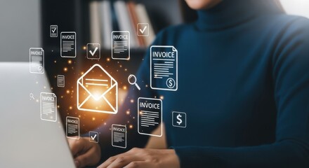 Woman Processing Digital Invoices Online Email Notification of Bills and Electronic Payment Concept