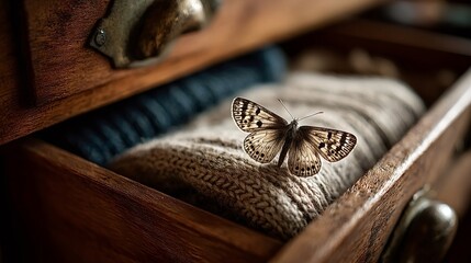 Delicate butterfly resting on soft, folded knitted sweaters inside an old wooden drawer, evoking a serene and nostalgic atmosphere filled with warmth and tranquility