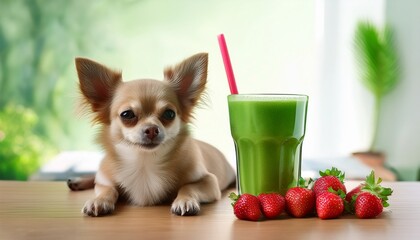 a small chihuahua resting beside a glass of green smoothie with fresh strawberries on the table this clean wellness concept fits pet nutrition morning routines and healthy living