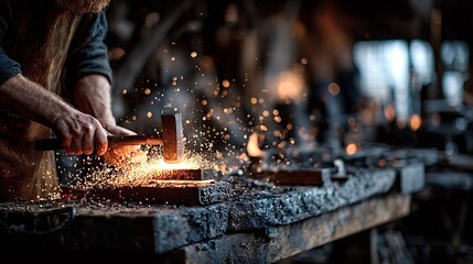 Blacksmith striking hot metal with hammer on anvil, causing a shower of sparks to fly in a traditional workshop, showcasing craftsmanship and the art of metalworking
