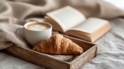 Cozy Breakfast Scene with Fresh Croissant Coffee and Open Book on Bedside Table.
