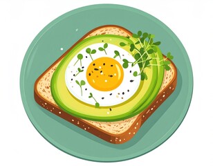 Overhead View of Avocado Toast Topped with a Fried Egg and Microgreens on a Turquoise Plate