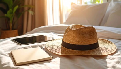 Golden Straw Hat Resting On White Bed Linen Next To Tablet And Notebook Lit By Bright Sunlight