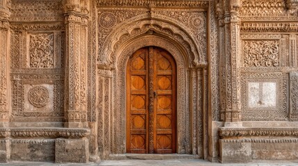 Ornate carved wooden door set within an intricately detailed historic stone archway with elaborate craftsmanship.
