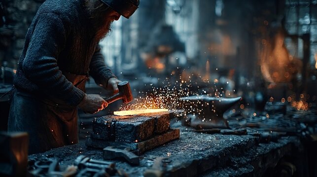 Blacksmith forging glowing hot metal with hammer on anvil in dark workshop, creating sparks and smoke, showcasing traditional craftsmanship and industrial metalworking