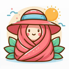 A cartoonish figure in pink hijab and sunhat surrounded by leaves under a bright sun