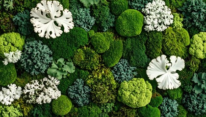 Overhead View Of Green And White Moss And Lichen Showing Natural Texture And Pattern