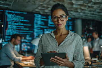 Woman holds tablet in tech office, faces camera. Use for IT, STEM, data science, web, marketing.