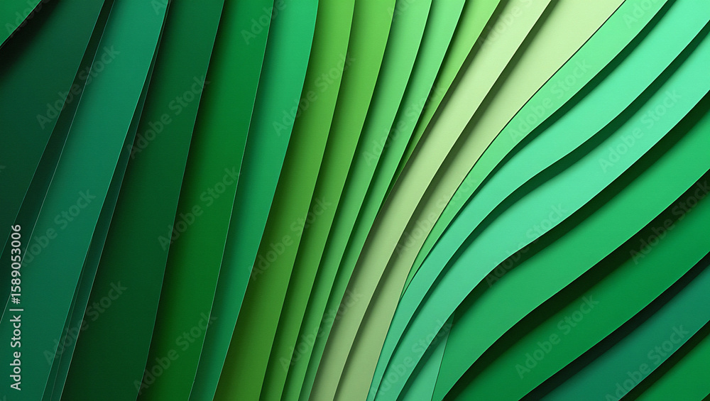 Poster abstract green layers forming a wavy pattern with varying shades of green and light gradients