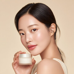 a young model holding a facial cream in plain background 