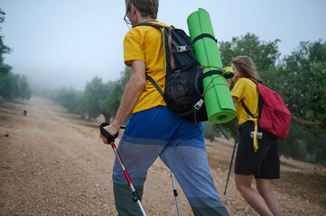 Active Couple Hiking on Mountain Trail with Trekking Gear and Pastoral Scenic Views
