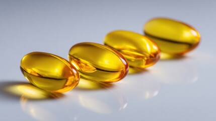Close-up of shiny yellow gel capsules arranged in a row on a reflective surface.