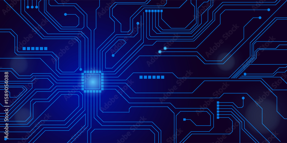 Fototapete brightly glowing ai chip on light circuit board on technology blue background. cpu processor or semi