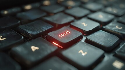 Red glowing send button pressed on a black keyboard, symbolizing the act of sending messages or commands within a modern technological environment focused on communication and connectivity