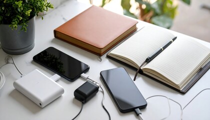 Overhead View Of Modern Workplace With Two Smartphones And Power Banks Connected To Notebook