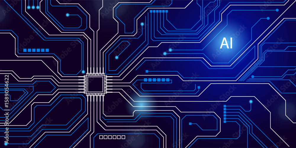 Aufkleber brightly glowing ai chip on light circuit board on technology blue background. cpu processor or semi