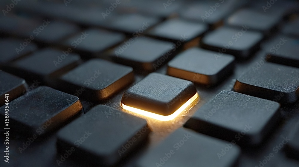 Poster backlit keyboard key glowing in a dark room, capturing the essence of modern input devices for compu