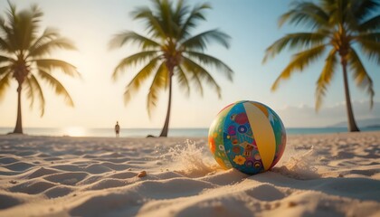 Colorful beach ball rests on a pristine white sand beach, bathed in soft golden sunlight as palm trees frame the scene. A solitary figure stands in the distance