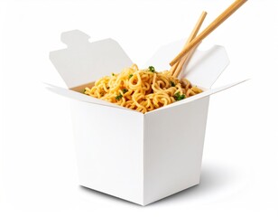 Overhead View of Noodles in White Takeout Box with Chopsticks on a Clean White Background