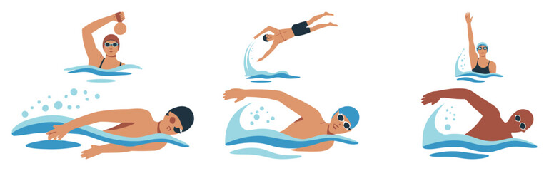 Colorful illustrations of five swimmers performing freestyle, backstroke, and dive techniques—perfect for sports, fitness, and aquatic visuals
