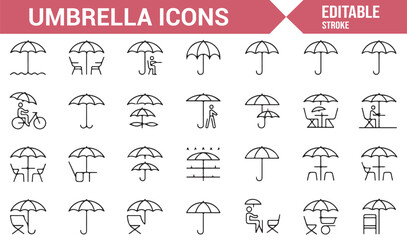 Obraz premium A collection of umbrella icons for digital content related to weather, protection, and outdoor activities.