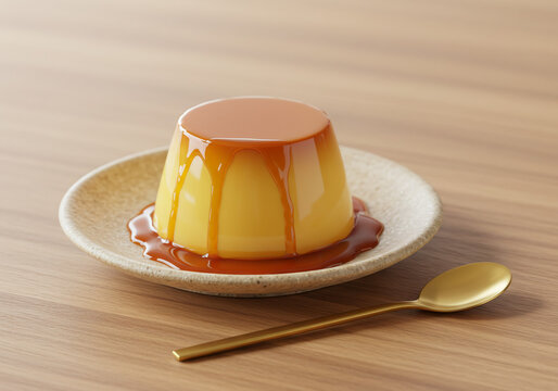 Soft caramel pudding with melted caramel sauce, served on a small plate with a golden spoon. - Powered by Adobe
