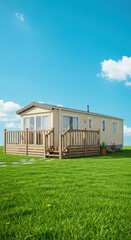 Light beige mobile home on grassy lawn